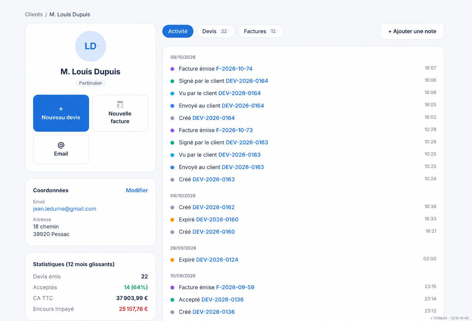 Espace CRM Artiperf : fiche client Louis Dupuis, coordonnées, statistiques et historique des devis et factures